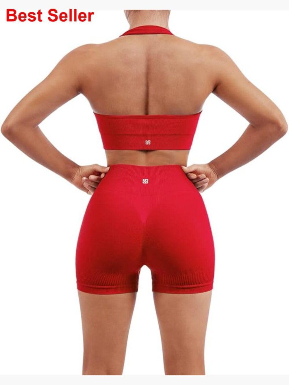 Seamless Ribbed Workout Set Backless Sports Bra Booty Biker Short
